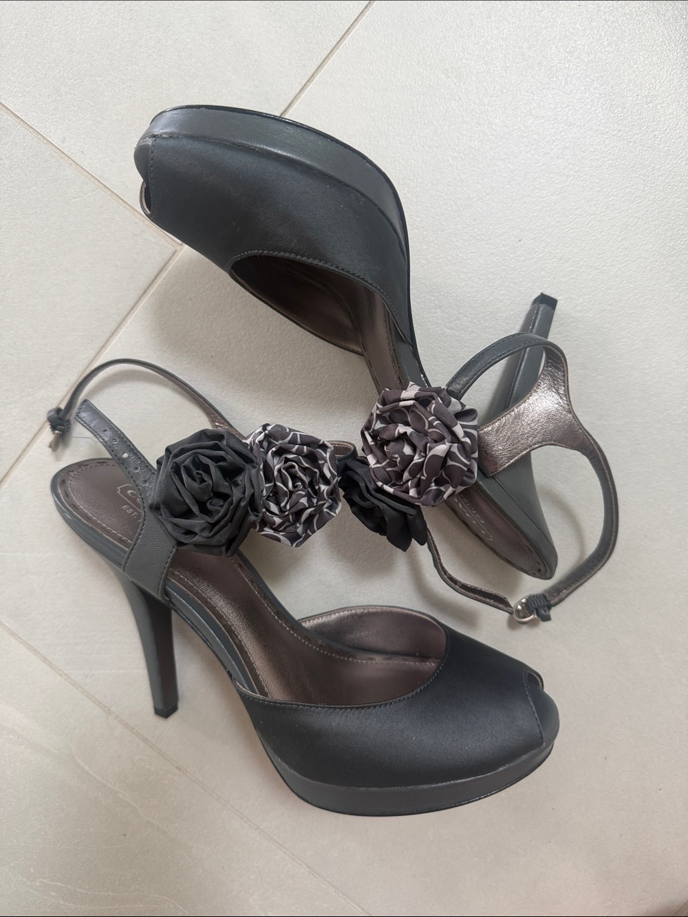 Coach Black Satin Peep-Toe Slingback Heels with Floral Accents